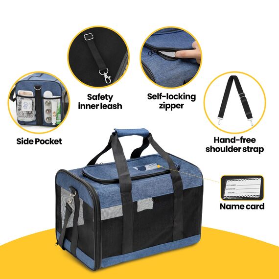 Conlun Hundetransportbox Weichseitig, Große Tasche für Katzen mit Innenleine, Transport für große Katzen und mittelgroße Hunde bis 9 kg, Zusammenklappbare Reisetasche für Welpen -Blau,L