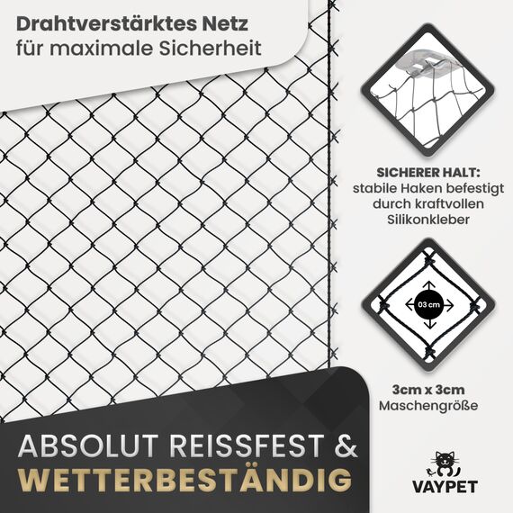 VAYPET® Katzennetz für Balkon ohne Bohren inkl. Klebehaken & Silikonkleber I Robustes Katzennetz drahtverstärkt & wetterfest I Einfach mit dem Katzennetz Balkon, Fenster & Terrasse sichern (4x3m)