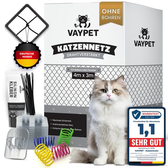 VAYPET® Katzennetz für Balkon ohne Bohren inkl. Klebehaken & Silikonkleber I Robustes Katzennetz drahtverstärkt & wetterfest I Einfach mit dem Katzennetz Balkon, Fenster & Terrasse sichern (4x3m)