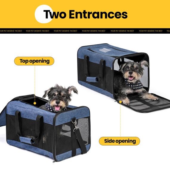 Conlun Hundetransportbox Weichseitig, Große Tasche für Katzen mit Innenleine, Transport für große Katzen und mittelgroße Hunde bis 9 kg, Zusammenklappbare Reisetasche für Welpen -Blau,L