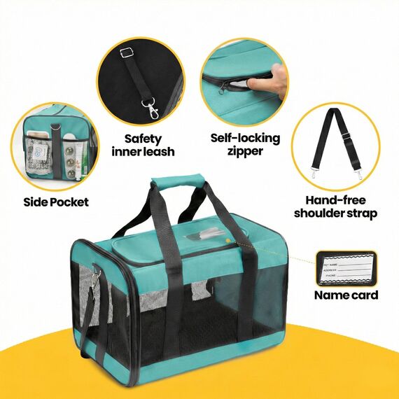 Conlun Katzenboxe Flugzeugtauglich, Weichseitige Hundetransportbox mit Innenleine, Transport für kleine bis mittelgroße Katzen und Welpen bis 7 kg, Zusammenklappbare Reisetasche -Türkis,M