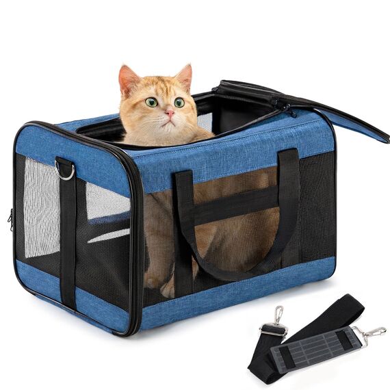 Conlun Katzenboxe Flugzeugtauglich, Weichseitige Hundetransportbox mit Innenleine, Transport für kleine bis mittelgroße Katzen und Welpen bis 7 kg, Zusammenklappbare Reisetasche -Blau,M