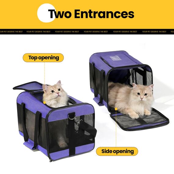 Conlun Katzenboxe Flugzeugtauglich, Weichseitige Hundetransportbox mit Innenleine, Transport für kleine bis mittelgroße Katzen und Welpen bis 7 kg, Zusammenklappbare Reisetasche -Lila,M