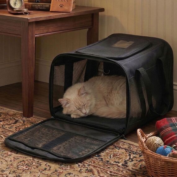Conlun Katzenboxe Flugzeugtauglich, Weichseitige Hundetransportbox mit Innenleine, Transport für kleine bis mittelgroße Katzen und Welpen bis 7 kg, Zusammenklappbare Reisetasche -Schwarz,M