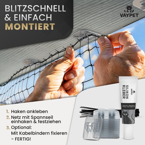 VAYPET® Katzennetz für Balkon ohne Bohren inkl. Klebehaken & Silikonkleber I Robustes Katzennetz drahtverstärkt & wetterfest I Einfach mit dem Katzennetz Balkon, Fenster & Terrasse sichern (4x3m)