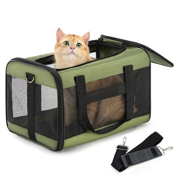 Conlun Katzenboxe Flugzeugtauglich, Weichseitige Hundetransportbox mit Innenleine, Transport für kleine bis mittelgroße Katzen und Welpen bis 7 kg, Zusammenklappbare Reisetasche -Grün,M