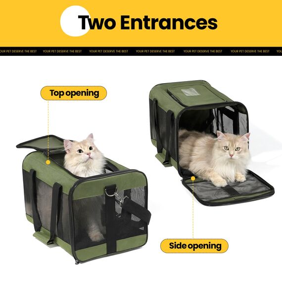 Conlun Hundetransportbox Weichseitig, Große Tasche für Katzen mit Innenleine, Transport für große Katzen und mittelgroße Hunde bis 9 kg, Zusammenklappbare Reisetasche für Welpen -Grün,L