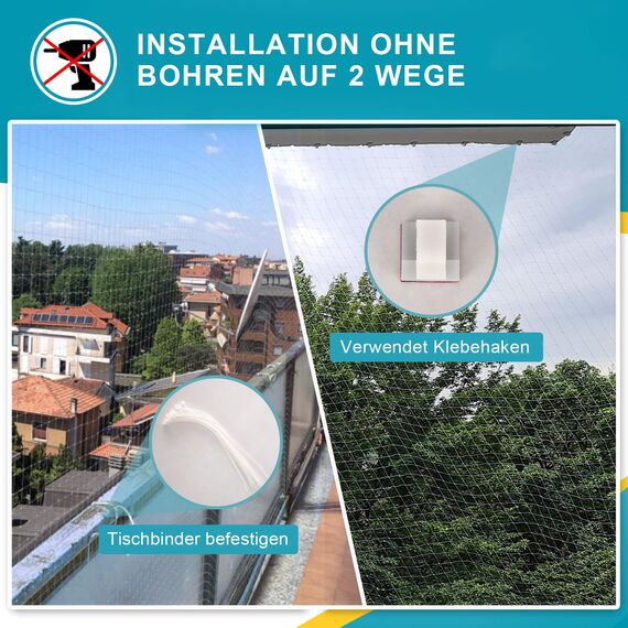 NieKilig Katzennetz für Balkon ohne Bohren, 10x3m Katzengitter Fenster, Transparentes Katzenschutznetz für Katzen zur Sicherung von Balkon, Terrassen, Fenstern, Dachluken, Türen