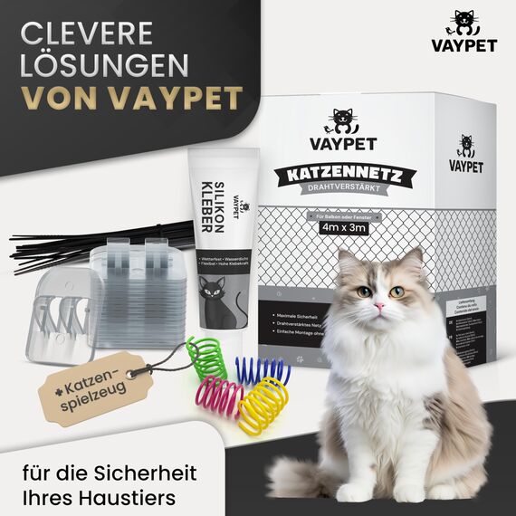 VAYPET® Katzennetz für Balkon ohne Bohren inkl. Klebehaken & Silikonkleber I Robustes Katzennetz drahtverstärkt & wetterfest I Einfach mit dem Katzennetz Balkon, Fenster & Terrasse sichern (4x3m)