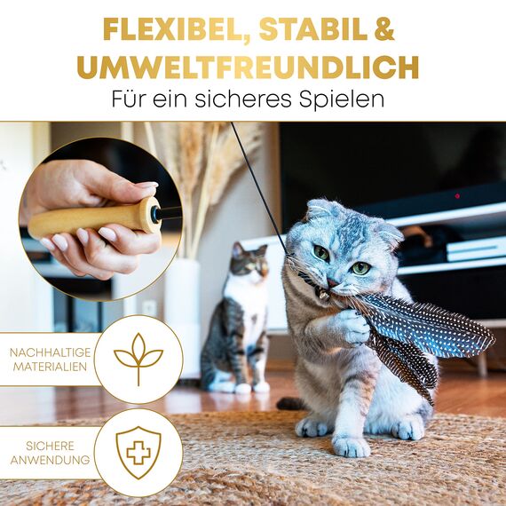 St.Pawly® Katzenangel - Katzenspielzeug - austauschbare Anhänger - Ersatzband - ergonomischer Holzgriff - nachhaltiges Spielzeug für Katzen - stabil