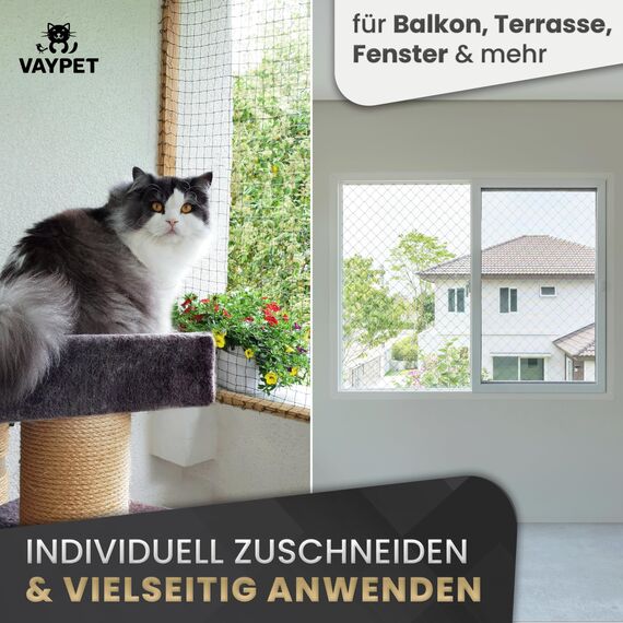 VAYPET® Katzennetz für Balkon ohne Bohren inkl. Klebehaken & Silikonkleber I Robustes Katzennetz drahtverstärkt & wetterfest I Einfach mit dem Katzennetz Balkon, Fenster & Terrasse sichern (4x3m)