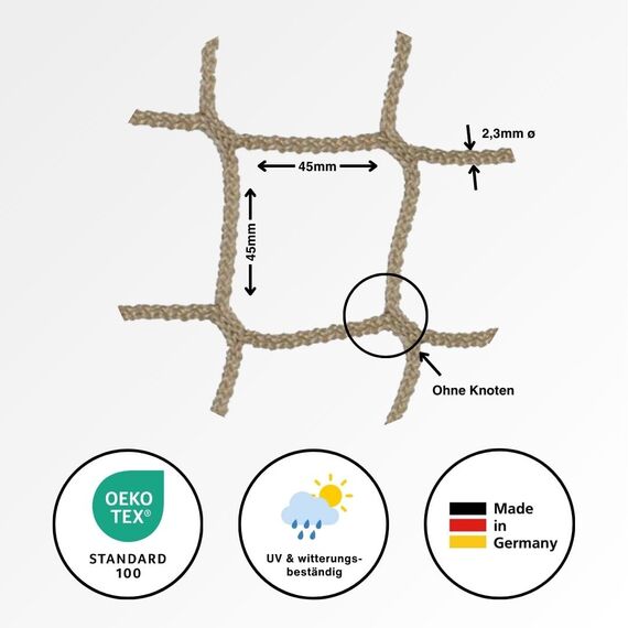 HAMBURGER TAUWERK-FABRIK EST. 1901 Netz, Universal Schutznetz Naturfarben - Breite: 0,6m Meterware (Preis pro Meter) - Made in Germany, Sicherheitsnetz, Balkonnetz, Rausfallschutz, Relingsnetz