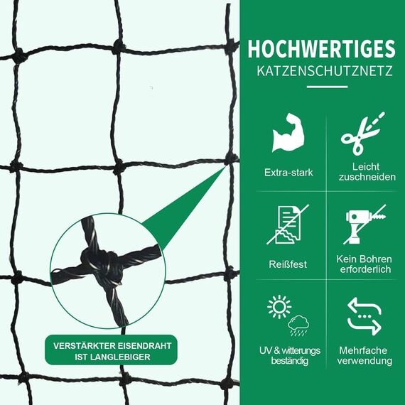 Tatamiyya Katzennetz Für Balkon, 4x3m Katzennetz Drahtverstärkt, Balkonnetz ist Robust Biss- Und Reißfest, UV- Und Witterungsbeständig, Zum Balkonen, ​Terrassen Und Fenstern(Schwarz)