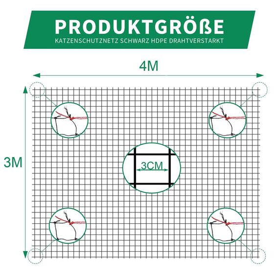 Tatamiyya Katzennetz Für Balkon, 4x3m Katzennetz Drahtverstärkt, Balkonnetz ist Robust Biss- Und Reißfest, UV- Und Witterungsbeständig, Zum Balkonen, ​Terrassen Und Fenstern(Schwarz)