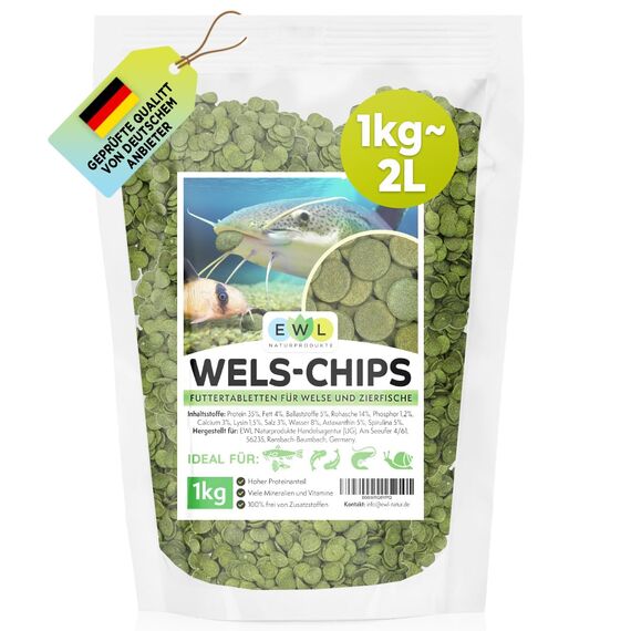 EWL Naturprodukte Wels Futtertabletten 1 kg (ca. 2 L), XL Pack, Welsfutter, Wels Chips mit Spirulina, Fischfutter Aquarium, Welstabletten, geprüfte Qualität von deutschem Anbieter