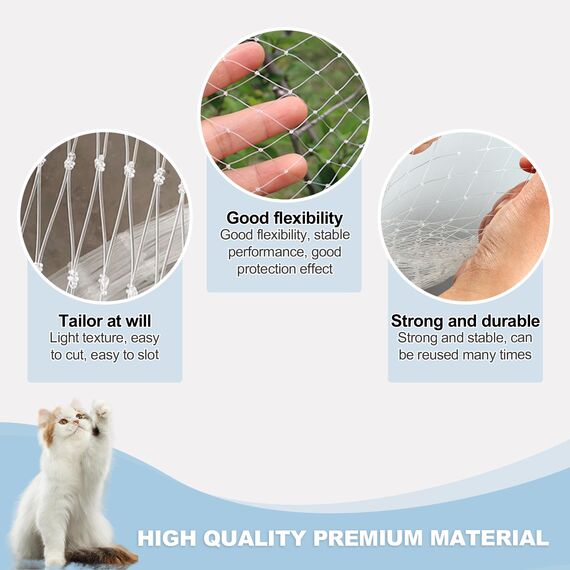 QILUCKY Nylon Katzenschutznetz Katzennetz für Balkon Transparent Können Zuschneidbar ​und Bissfest Balkonnetze für Katzen ​zur Absicherung von Terrasse, Fenster und Türen (3x5m)