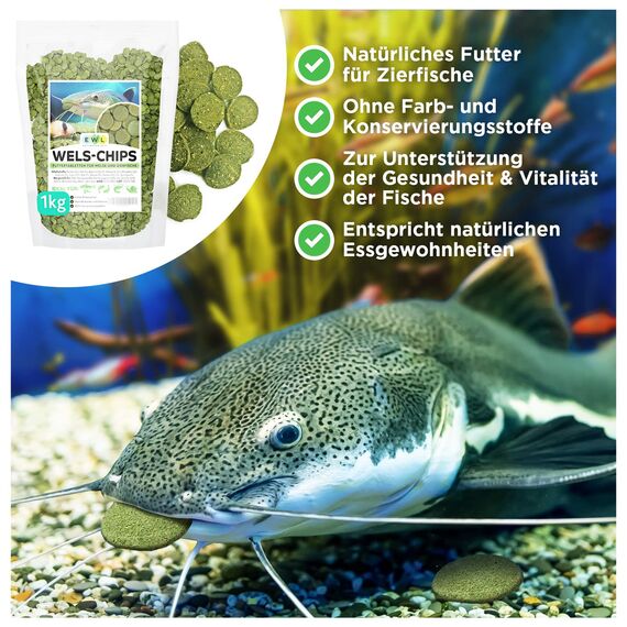 EWL Naturprodukte Wels Futtertabletten 1 kg (ca. 2 L), XL Pack, Welsfutter, Wels Chips mit Spirulina, Fischfutter Aquarium, Welstabletten, geprüfte Qualität von deutschem Anbieter