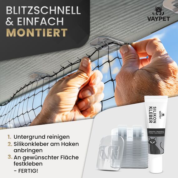 VAYPET® 50 Klebehaken transparent & Silikonkleber [30ml] zur Befestigung vom Katzennetz für Balkon ohne Bohren I Katzennetz ohne Bohren schnell befestigt Dank Stabiler Klebehaken Outdoor wetterfest