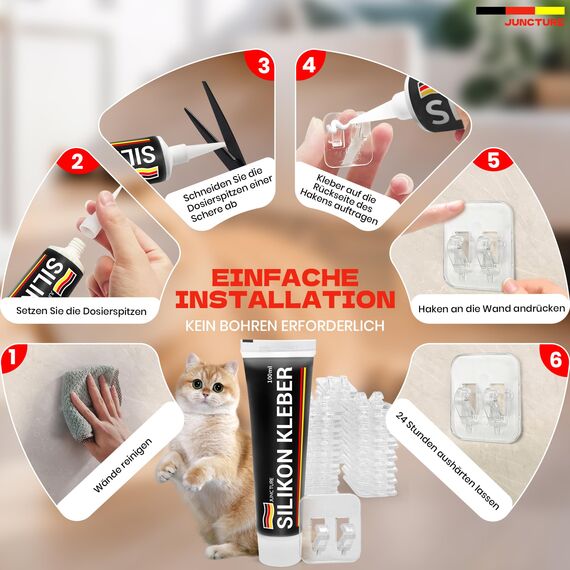 Juncture® 60 Klebehaken & 100ml Silikonkleber und 3 Dosierspitzen, Zur Katzennetz für Balkon (ohne Bohren), Katzenschutznetz schnell befestigt Dank Stabiler Klebehaken für Balkon, Fenster & Terrasse