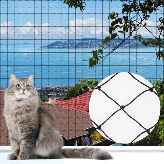 Hengu Katzennetz für Balkon, 6x3m Katzennetz Drahtverstärkt Balkonnetz Katzen Netz UV-Beständig & Witterungsfest Katzenschutznetz für Balkone, Fenster - Schwarz