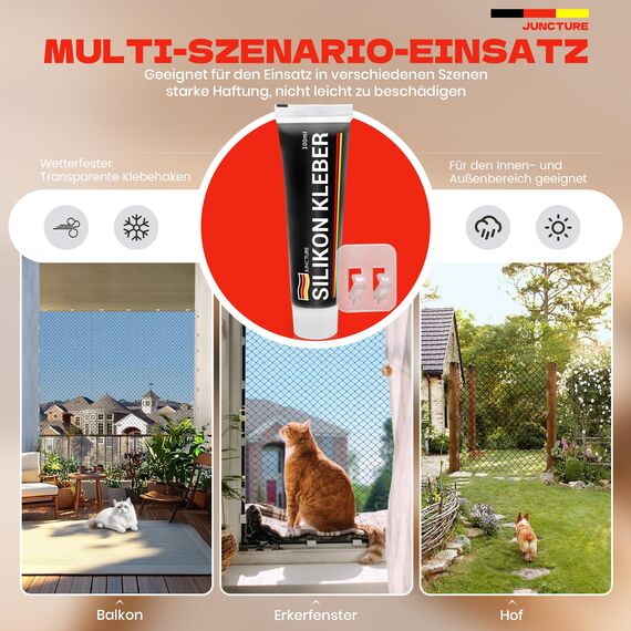 Juncture® 60 Klebehaken & 100ml Silikonkleber und 3 Dosierspitzen, Zur Katzennetz für Balkon (ohne Bohren), Katzenschutznetz schnell befestigt Dank Stabiler Klebehaken für Balkon, Fenster & Terrasse
