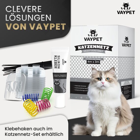 VAYPET® 50 Klebehaken transparent & Silikonkleber [30ml] zur Befestigung vom Katzennetz für Balkon ohne Bohren I Katzennetz ohne Bohren schnell befestigt Dank Stabiler Klebehaken Outdoor wetterfest