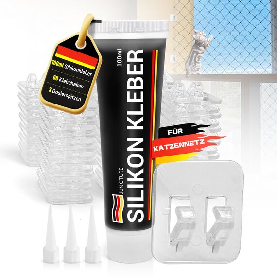 Juncture® 60 Klebehaken & 100ml Silikonkleber und 3 Dosierspitzen, Zur Katzennetz für Balkon (ohne Bohren), Katzenschutznetz schnell befestigt Dank Stabiler Klebehaken für Balkon, Fenster & Terrasse