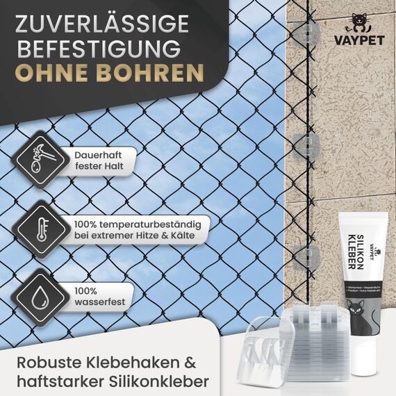 VAYPET® 50 Klebehaken transparent & Silikonkleber [30ml] zur Befestigung vom Katzennetz für Balkon ohne Bohren I Katzennetz ohne Bohren schnell befestigt Dank Stabiler Klebehaken Outdoor wetterfest