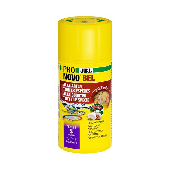 JBL PRONOVO BEL FLAKES S 100 ml | Prebiotische Hauptfutter Flocken für alle Aquarienfische im Gesellschaftsaquarium | Gesunde & artgerechte Ernährung | 2 % Knoblauchanteil | Für Fische von 3-10 cm