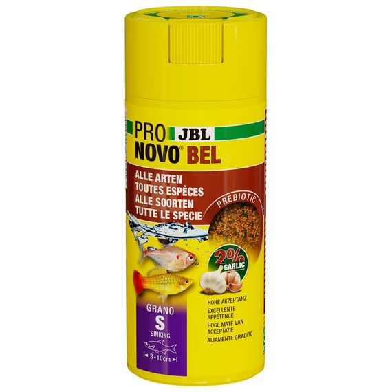 JBL PRONOVO BEL GRANO, Hauptfutter für alle Aquarienfische von 3-10 cm, Fischfutter-Granulat, Klickdosierer, Größe S, 250 ml