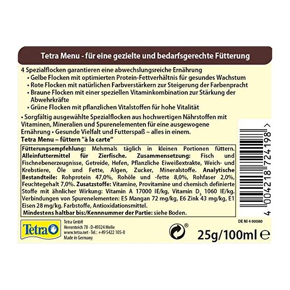 Tetra Min Menu Fischfutter - Hauptfuttermix mit 4 Spezialflocken in getrennten Kammern, abwechslungsreiches Futter für alle Zierfische, 100 ml Dose