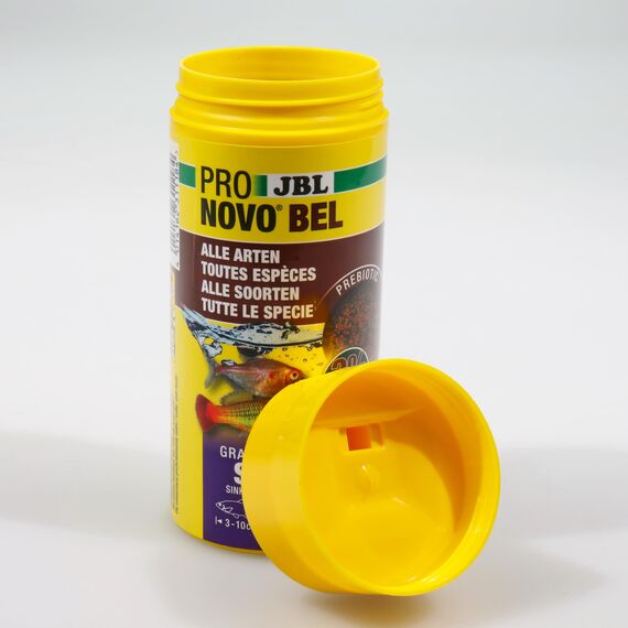 JBL PRONOVO BEL GRANO, Hauptfutter für alle Aquarienfische von 3-10 cm, Fischfutter-Granulat, Klickdosierer, Größe S, 250 ml