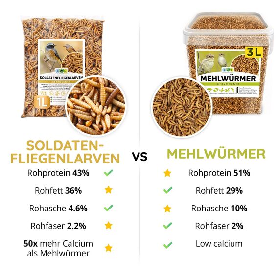EWL Naturprodukte Soldatenfliegenlarven getrocknet 1 L (160 g), Soldatenfliegenlarven, Vogelfutter, Fischfutter, Schildkrötenfutter, Igelfutter mit Insekten