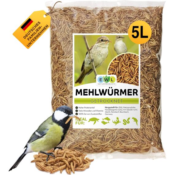 EWL Naturprodukte Mehlwürmer getrocknet 5 L (800 g), Insektensnack für Vögel, Fische, Schildkröten, Nager und Reptilien, Vogelfutter, Wildvögel, Eichhörnchenfutter, Igelfutter, Ganzjährig