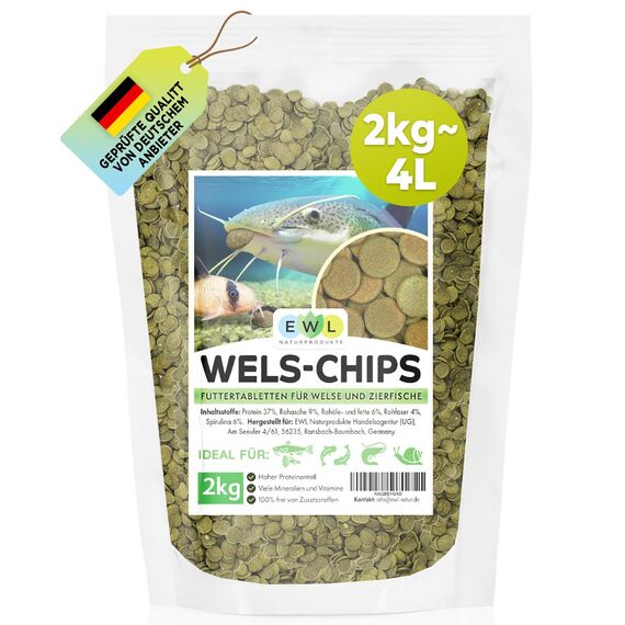 EWL Naturprodukte Wels Futtertabletten 2 kg (ca. 4 L), XXL Pack, Welsfutter, Wels Chips mit Spirulina, Fischfutter Aquarium, Welstabletten, geprüfte Qualität von deutschem Anbieter