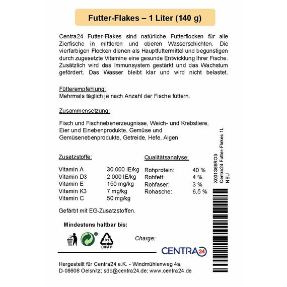 Centra24 Premium Fischfutter 1L, Futter-Flakes, Flocken - Hauptfuttermittel für alle Zierfische mit Vitaminen ohne Konservierungsstoffe, Aquarium, Süßwasserfisch