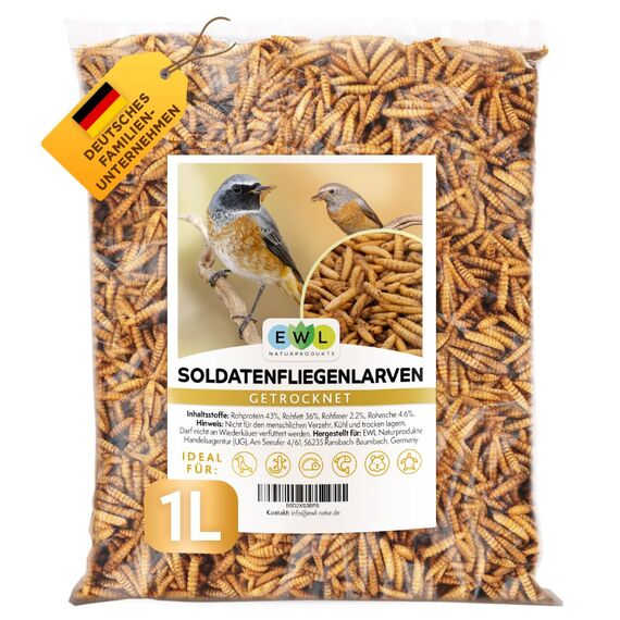 EWL Naturprodukte Soldatenfliegenlarven getrocknet 1 L (160 g), Soldatenfliegenlarven, Vogelfutter, Fischfutter, Schildkrötenfutter, Igelfutter mit Insekten