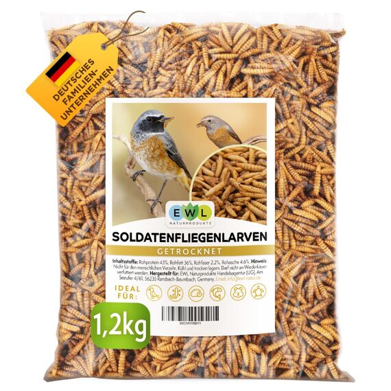 EWL Naturprodukte Soldatenfliegenlarven getrocknet 1,2 kg (7,8 Liter), Soldatenfliegenlarven, Vogelfutter, Fischfutter, Schildkrötenfutter, Igelfutter mit Insekten