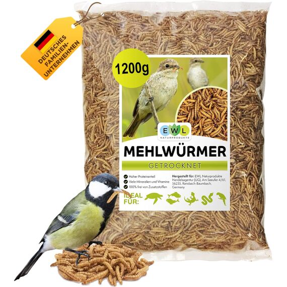 EWL Naturprodukte Mehlwürmer getrocknet 1,2 kg (7,8 L), Insektensnack für Vögel, Fische, Schildkröten, Nager und Reptilien, Vogelfutter, Wildvögel, Ganzjährig, Eichhörnchenfutter, Igelfutter