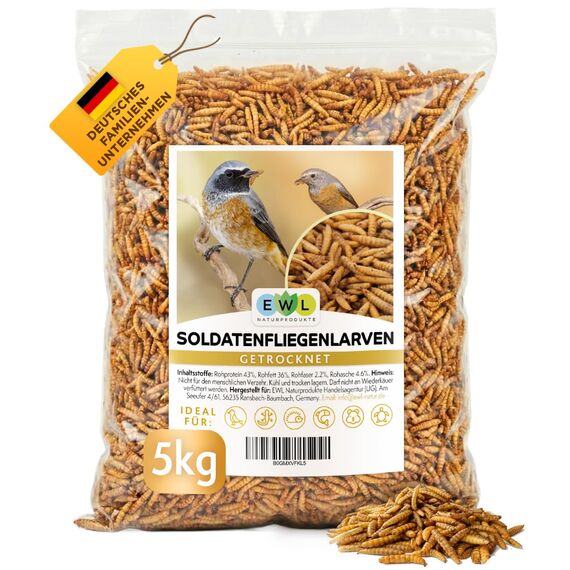 EWL Naturprodukte Soldatenfliegenlarven getrocknet 5 kg (32,5 L), Insektensnack für Vögel, Fische, Schildkröten, Nager, Reptilien, Vogelfutter, Fischfutter, Igelfutter, Wildvögel, ganzjährig