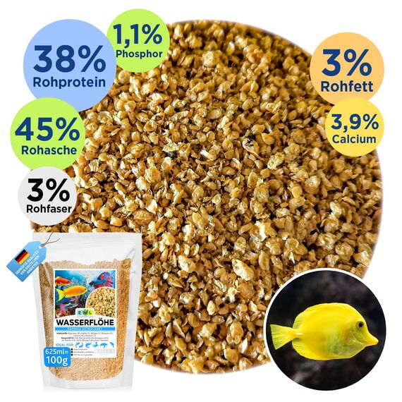 EWL Naturprodukte Wasserflöhe getrocknet 625 ml (100 g), Fischfutter Aquarium, Daphnia Zierfischfutter Aquarium, geprüfte Qualität von deutschem Anbieter