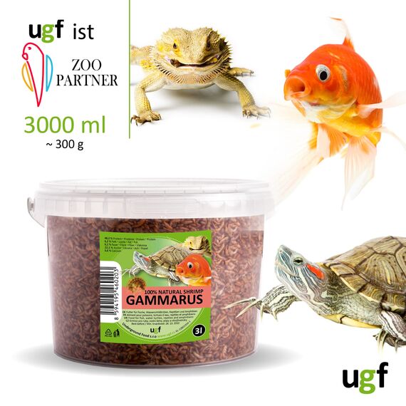 UGF - Premium Gammarus Bachflohkrebse Getrocknet - 318g im 3 Liter Eimer, Schildkrötenfutter, Fischfutter Aquarium, Axolotl Futter, Hamsterfutter, Igelfutter, Koi Futter, Rattenfutter