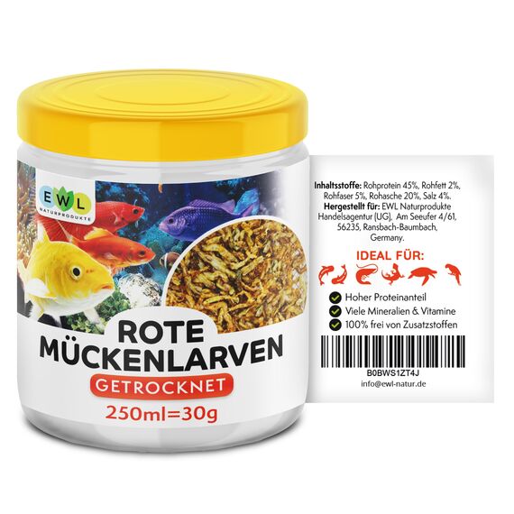 EWL Naturprodukte Rote Mückenlarven getrocknet 250 ml (30 g), Mückenlarven Fischfutter, Fischfutter Aquarium, geprüfte Qualität von deutschem Anbieter