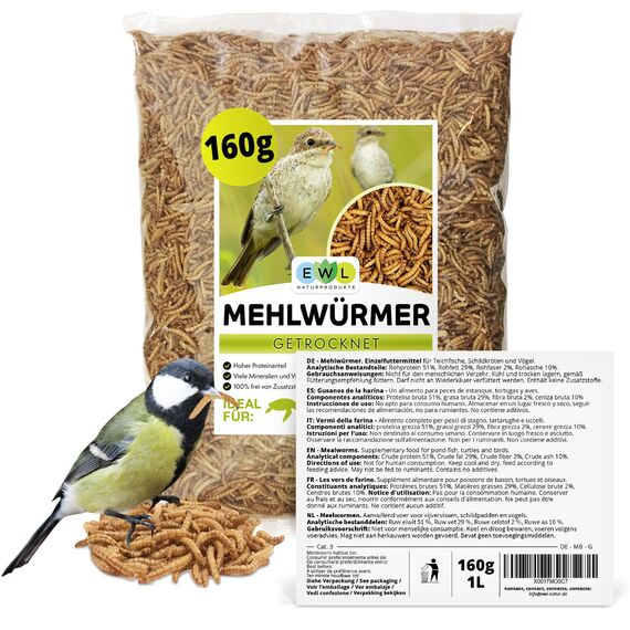 EWL Naturprodukte Mehlwürmer getrocknet 1 L (160 g), Insektensnack für Vögel, Fische, Schildkröten, Igel, Nager und Reptilien, Vogelfutter, Wildvögel, Ganzjährig, Eichhörnchenfutter, Igelfutter
