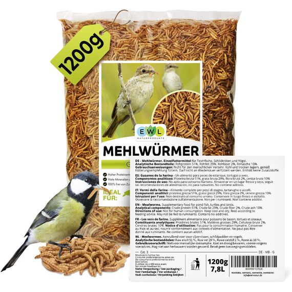 EWL Naturprodukte Mehlwürmer getrocknet 1,2 kg (7,8 L), Insektensnack für Vögel, Fische, Schildkröten, Nager und Reptilien, Vogelfutter, Wildvögel, Ganzjährig, Eichhörnchenfutter, Igelfutter