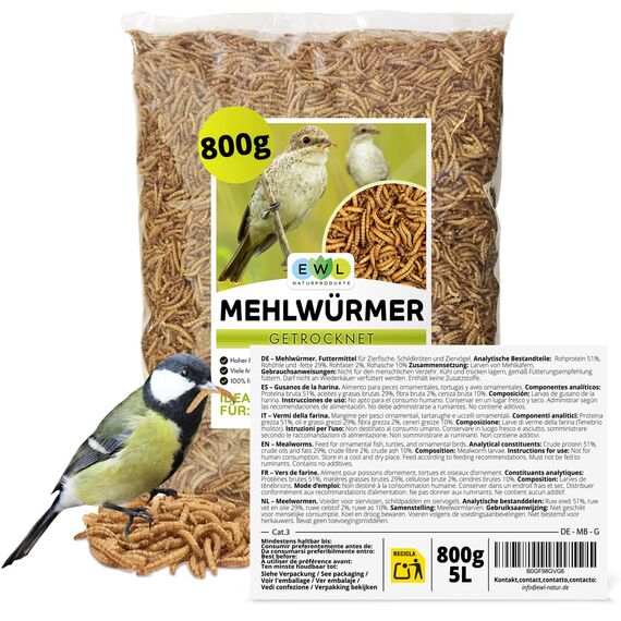 EWL Naturprodukte Mehlwürmer getrocknet 5 L (800 g), Insektensnack für Vögel, Fische, Schildkröten, Nager und Reptilien, Vogelfutter, Wildvögel, Eichhörnchenfutter, Igelfutter, Ganzjährig