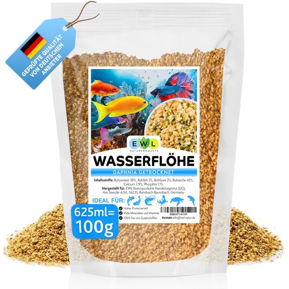 EWL Naturprodukte Wasserflöhe getrocknet 625 ml (100 g), Fischfutter Aquarium, Daphnia Zierfischfutter Aquarium, geprüfte Qualität von deutschem Anbieter