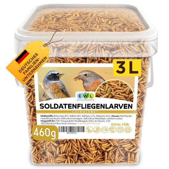 EWL Naturprodukte Soldatenfliegenlarven getrocknet 3 L (460 g), Premium Insektensnack Vögel, Fische, Schildkröten, Nager, Reptilien, Vogelfutter, Wildvögel, Ganzjährig Eichhörnchenfutter, Igelfutter