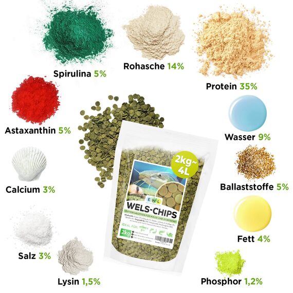 EWL Naturprodukte Wels Futtertabletten 2 kg (ca. 4 L), XXL Pack, Welsfutter, Wels Chips mit Spirulina, Fischfutter Aquarium, Welstabletten, geprüfte Qualität von deutschem Anbieter