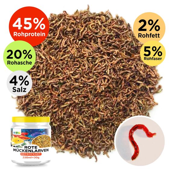 EWL Naturprodukte Rote Mückenlarven getrocknet 250 ml (30 g), Mückenlarven Fischfutter, Fischfutter Aquarium, geprüfte Qualität von deutschem Anbieter